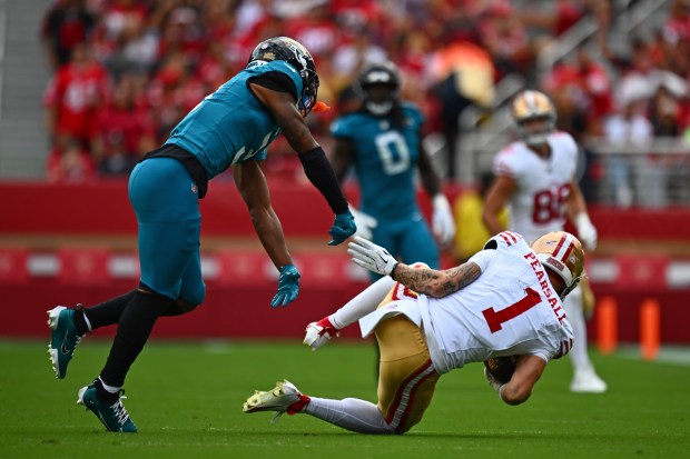 San Francisco 49ers wide receiver Ricky Pearsall (1) makes a one-handed catch while being guarded by Jacksonville Jaguars cornerback Tyson Campbell (3) in the second quarter of their NFL game at Levi's Stadium in Santa Clara, Calif., on Sunday, Sept. 28, 2025. (Jose Carlos Fajardo/Bay Area News Group)