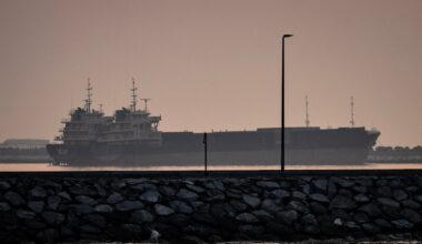 Two ships are anchored off Dubai on July 31, 2026. The war, which erupted at the end of February 2026, resumed in July after a ceasefire that had lasted just a few weeks, throwing the region back into chaos as Iran and the United States battle for control of the Strait of Hormuz water way.