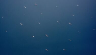 Ships near the Strait of Hormuz, as seen from a plane near the United Arab Emirates, July 20, 2026. Iran has survived decades of sanctions. Faced with more, it is likely to escalate rather than surrender, analysts said.