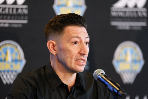 Chicago Sky general manager Jeff Pagliocca answers questions during a news conference April 15, 2026, at Willis Tower. (Eileen T. Meslar/Chicago Tribune)