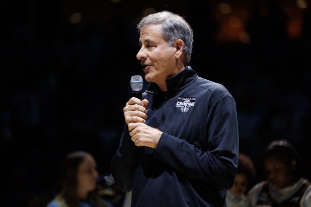 Chicago Sky principal owner Michael Alter speaks to attendees during Candace Parker's jersey retirement ceremony Aug. 25, 2025, at Wintrust Arena. (Armando L. Sanchez/Chicago Tribune)