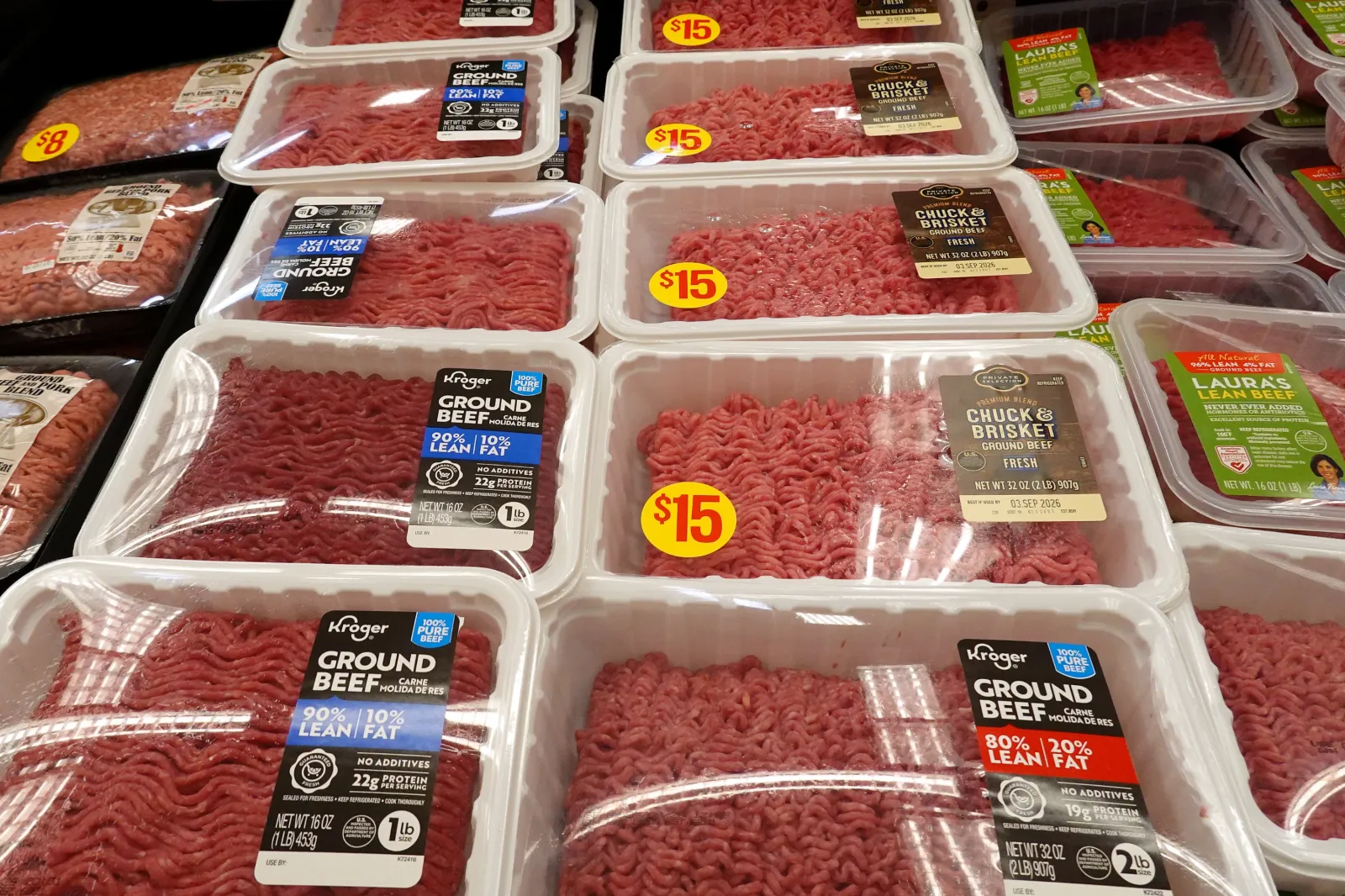 Packages of ground beef are displayed in a cooler at a Ralph's store on August 24, 2026 in Los Angeles, California.