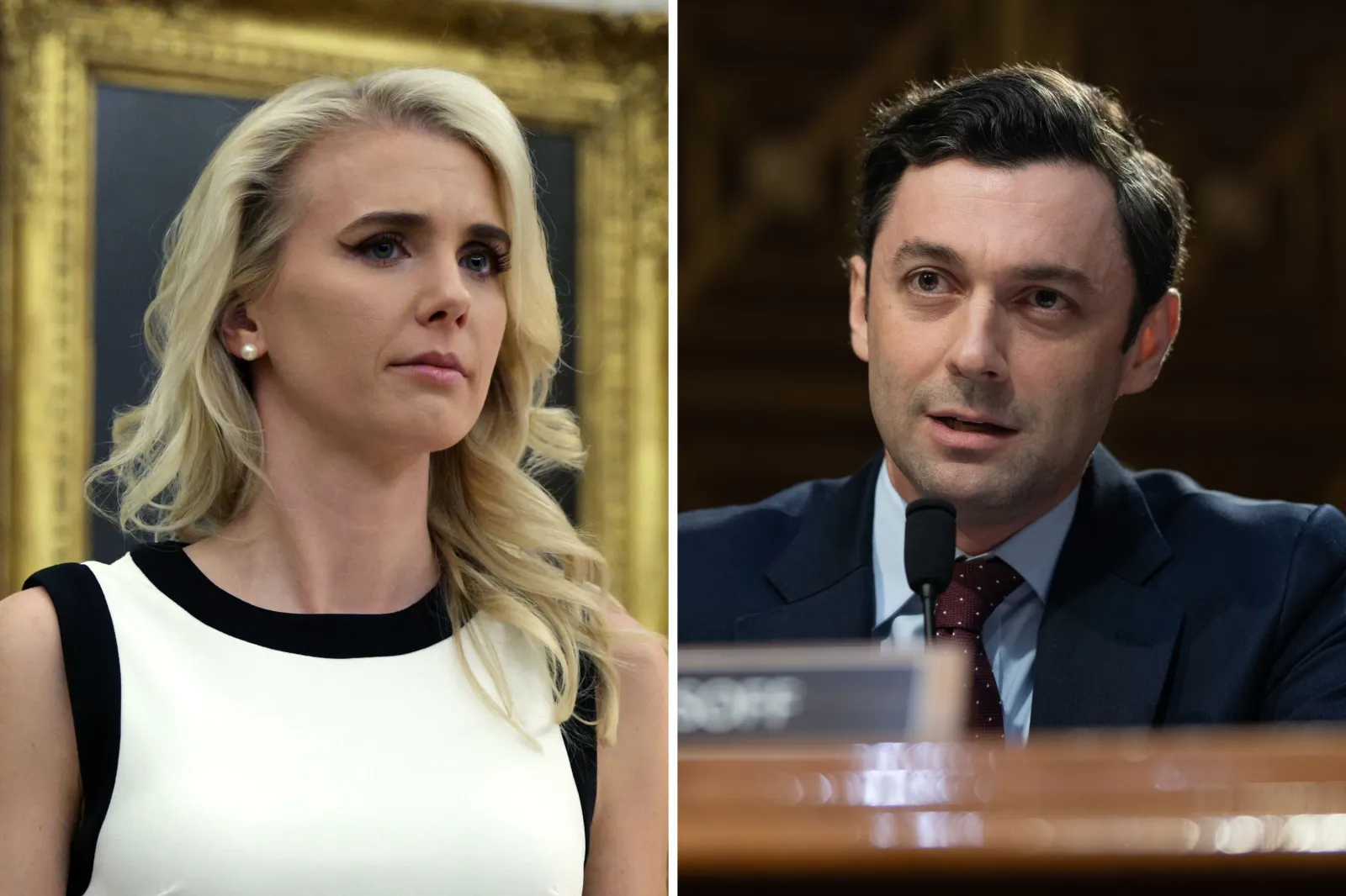 Executive assistant to the president Natalie Harp, left, attends a bill signing in the Oval Office of the White House in February, and Senator Jon Ossoff of Georgia speaks on Capitol Hill in Washington, D.C., in July.