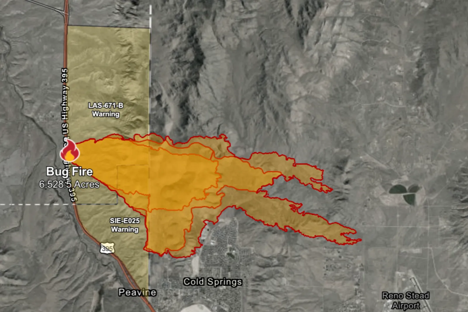 Map showing the areas and acres the Bug fire has burnt, as of late Saturday August 8, 2026
