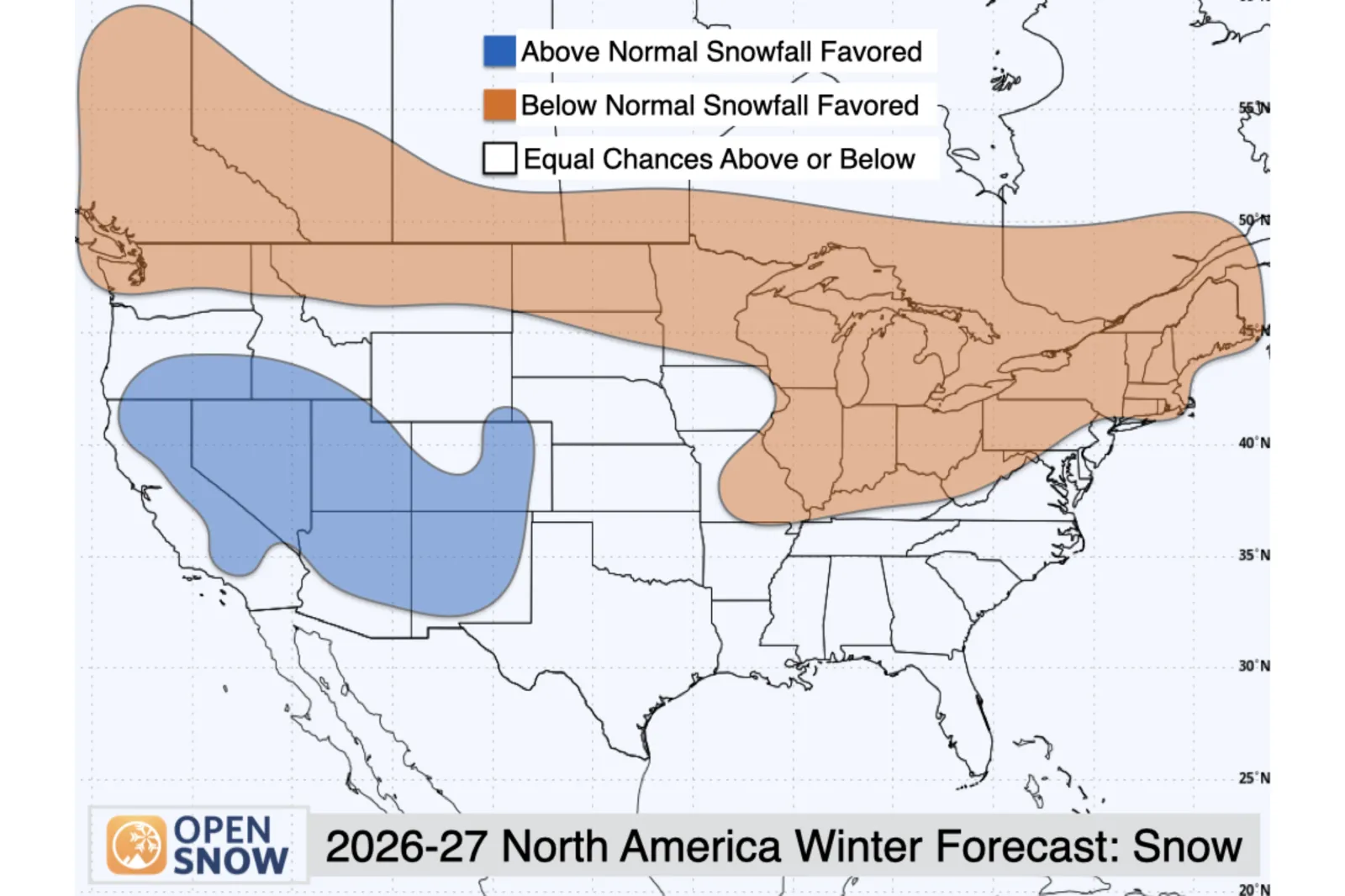 Map showing areas in the US expected to get above average snowfall in the winter of 2026/27, due to a potential super El Nino