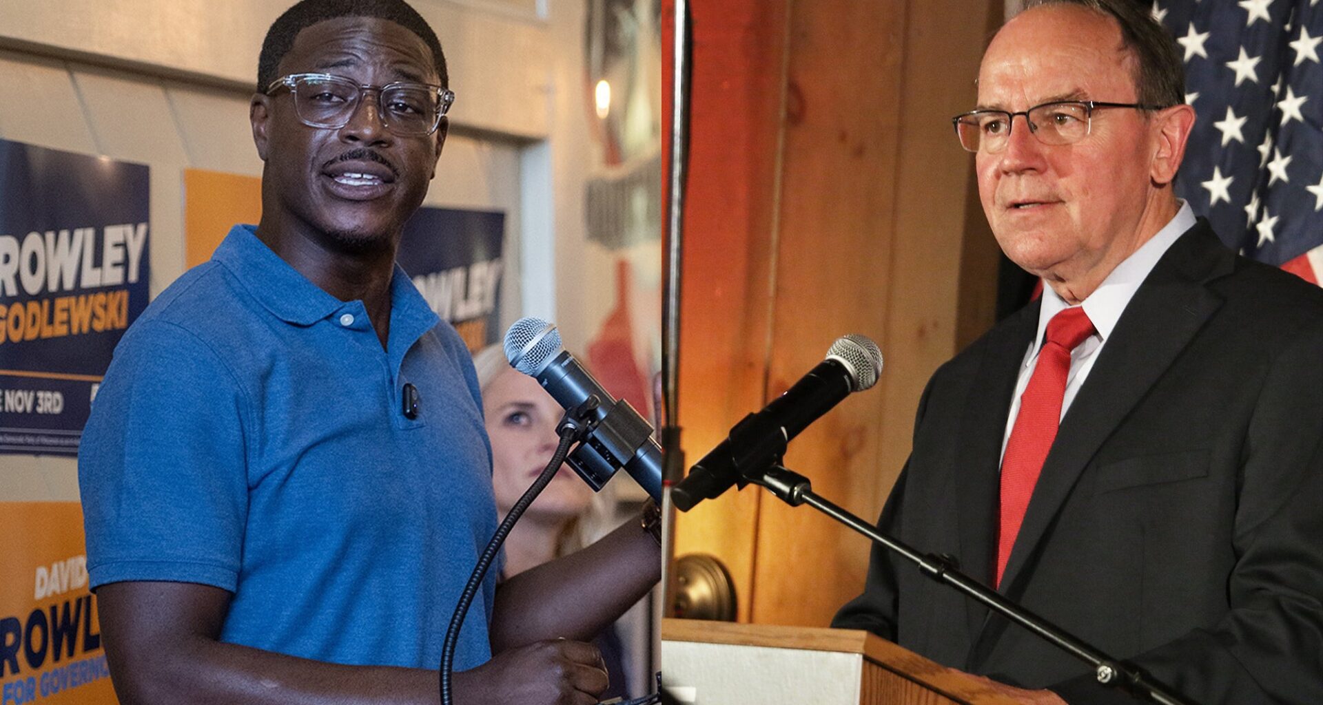Two men stand at podiums, each speaking at separate political events; campaign signs and an American flag are visible in the background.