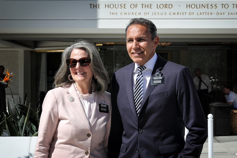 President Art Gascon and Sister Patti Rascon, leaders of the California San Diego Mission, attend the rededication of the San Diego California Temple on Sunday, Aug. 23, 2026.