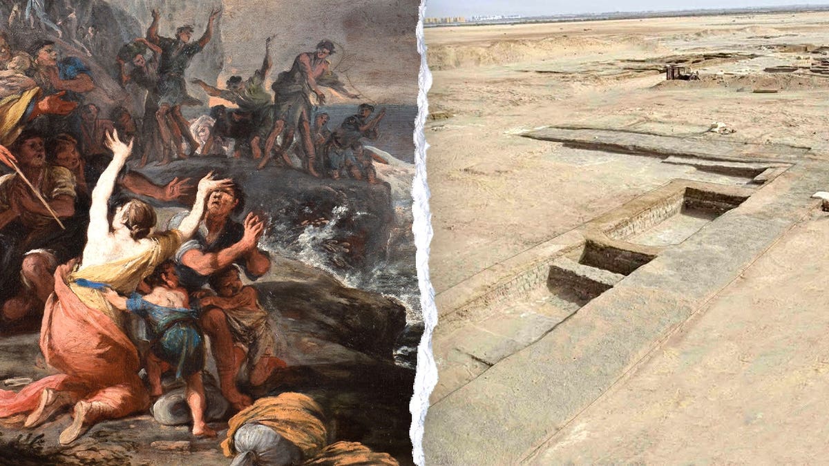 Depiction of Exodus, aerial view of excavation site