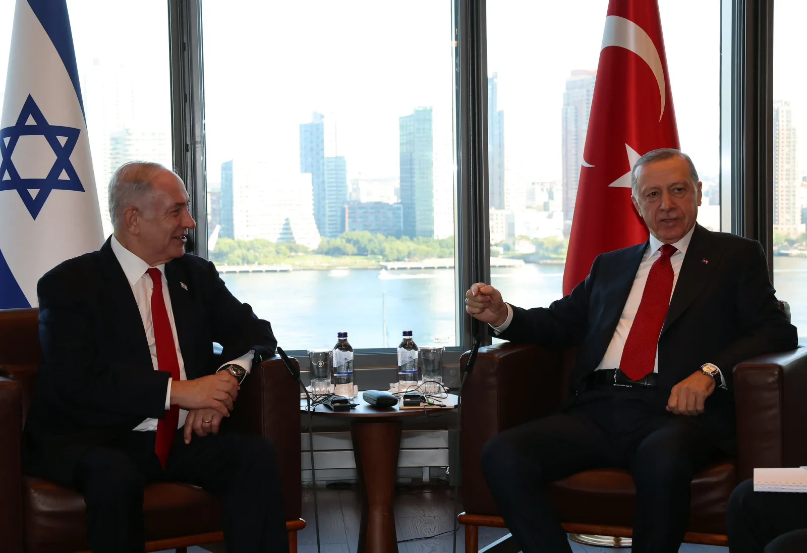 Israeli Prime Minister Benjamin Netanyahu, left, and Turkish President Recep Tayyip Erdogan meet in New York on September 19, 2023.