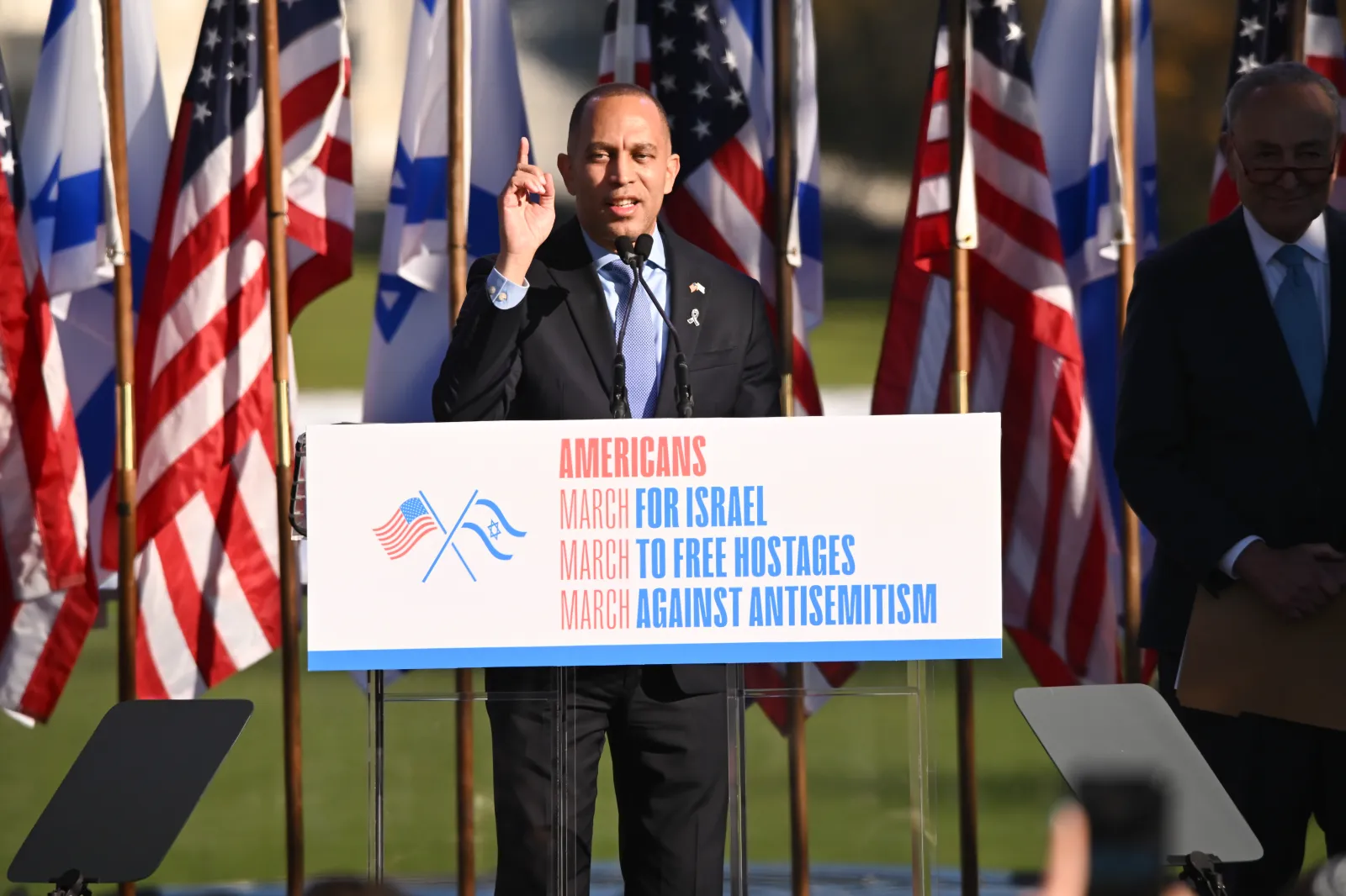 House Minority Leader Hakeem Jeffries speaks during the "March for Israel" at the National Mall on November 14, 2023, in Washington. (Photo by Noam Galai/Getty Images)