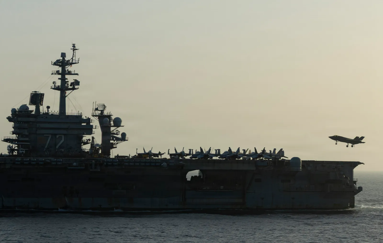 The USS Abraham Lincoln conducts U.S. blockade operations related to the Strait of Hormuz on April 16, 2026, in the Arabian Sea.