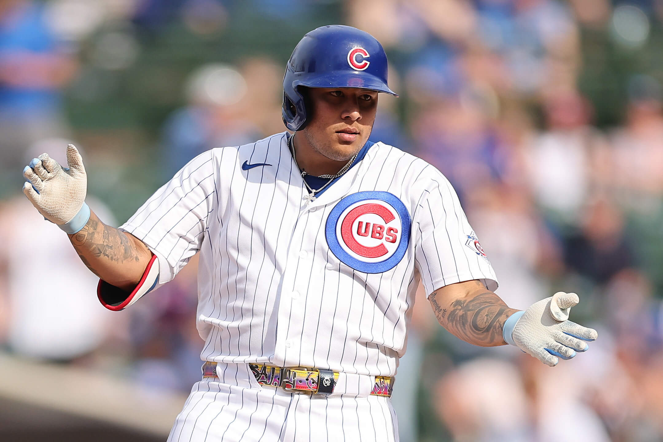 Moisés Ballesteros of the Chicago Cubs celebrates a double on April 23.