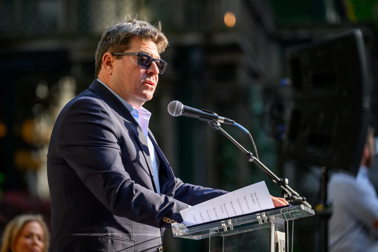 Israeli Consul General in New York Ofir Akunis speaks during a Manhattan Jewish Hall of Fame ceremony in Bryant Park on May 5, 2026.