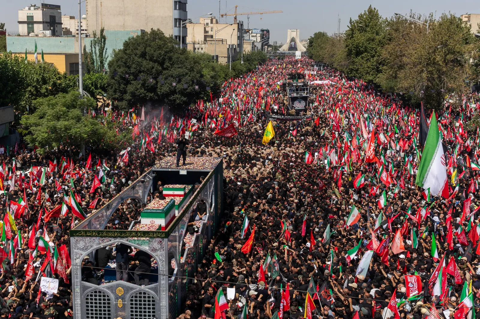 Mourners gather to pay final respects to Iran's slain Supreme Leader Ayatollah Ali Khamenei during the third day of his funeral ceremonies on July 6, 2026 in Tehran, Iran. Khamenei and members of his family were killed on February 28 during U.S.-Israeli strikes at the beginning of the war, bringing an end to his 36-year rule.