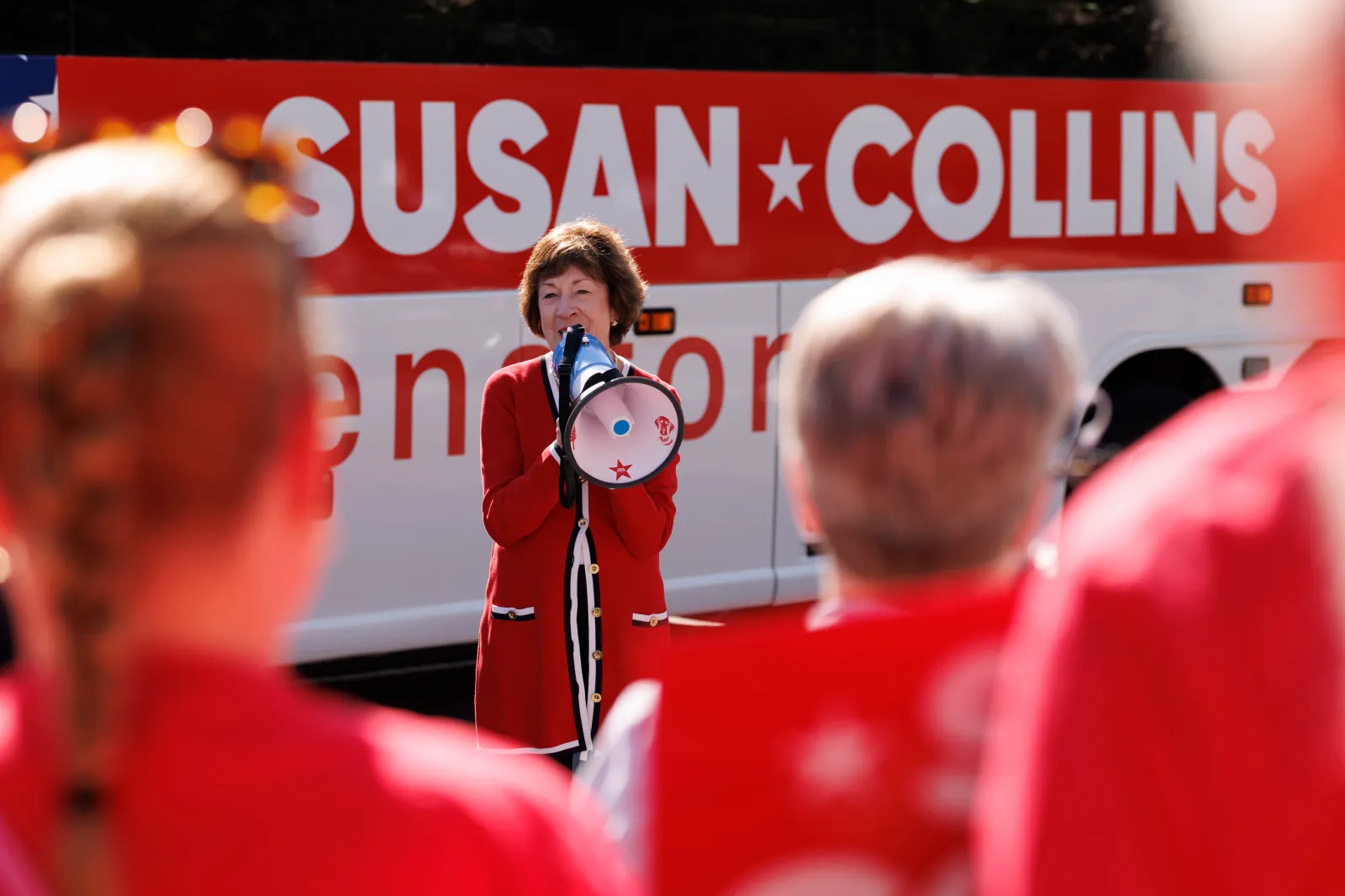 KITTERY, MAINE - AUGUST 14: U.S. Sen. Susan Collins (R-ME) greets supporters outside the Kittery Trading Post, the first stop of a weekend re-election campaign bus tour of the state of Maine, on August 14, 2026 in Kittery, Maine. (Photo by CJ Gunther/Getty Images)