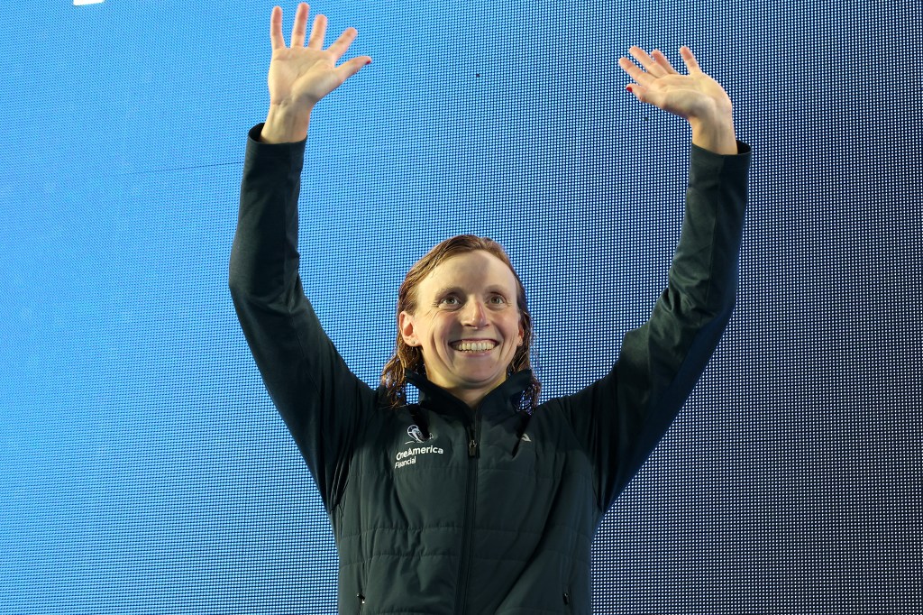 Katie Ledecky reacts on the podium after finishing second place in the Women's 800m Freestyle Final on Day 4 of the Pan Pacific Swimming Championships at William Woollett, Jr. Aquatics Center on August 15, 2026 in Irvine, California. 
