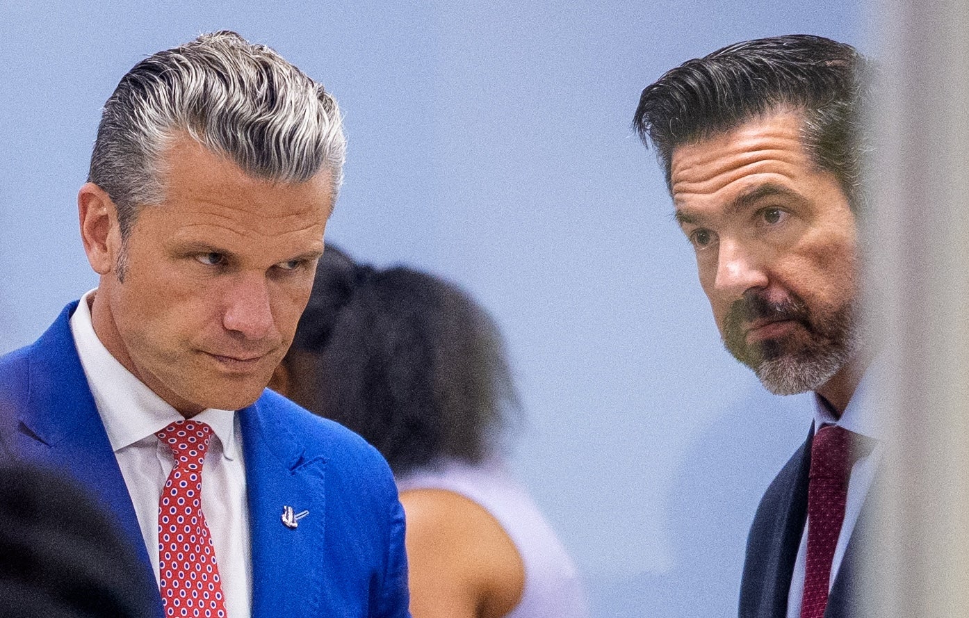 The Pentagon’s spokesman, Sean Parnell (right), is facing pushback for falsely claiming that it is a ‘crime’ for journalists to publish classified information, following a report that some military leaders warned Defense Secretary Pete Hegseth about prolonging the Iran war