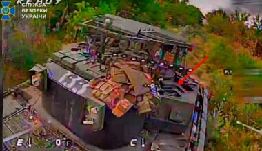 A Russian T-72B3A tank equipped with the Arena-M active protection system during the battle near the village of Shakhove. Source: Ukrainian army
