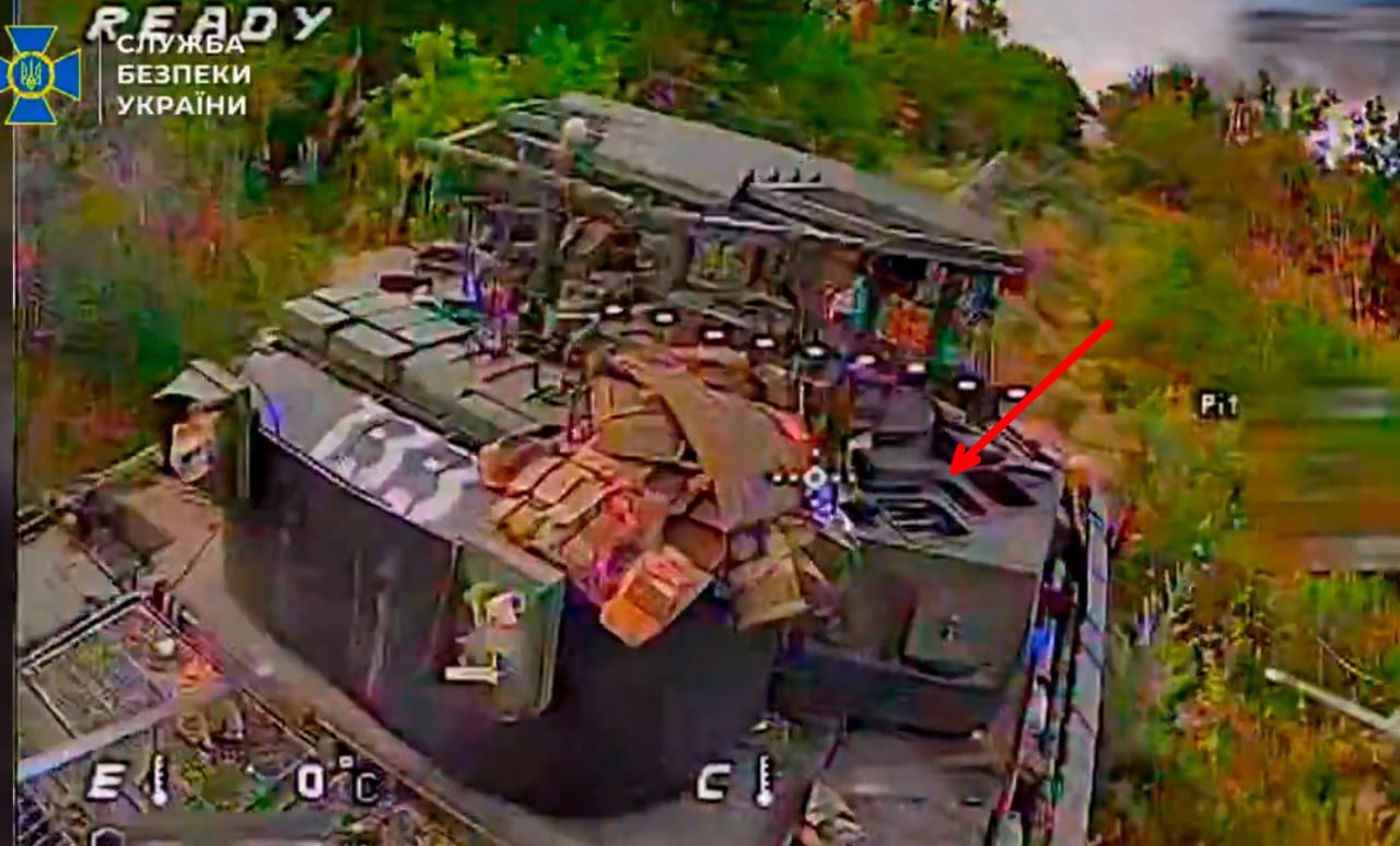 A Russian T-72B3A tank equipped with the Arena-M active protection system during the battle near the village of Shakhove. Source: Ukrainian army