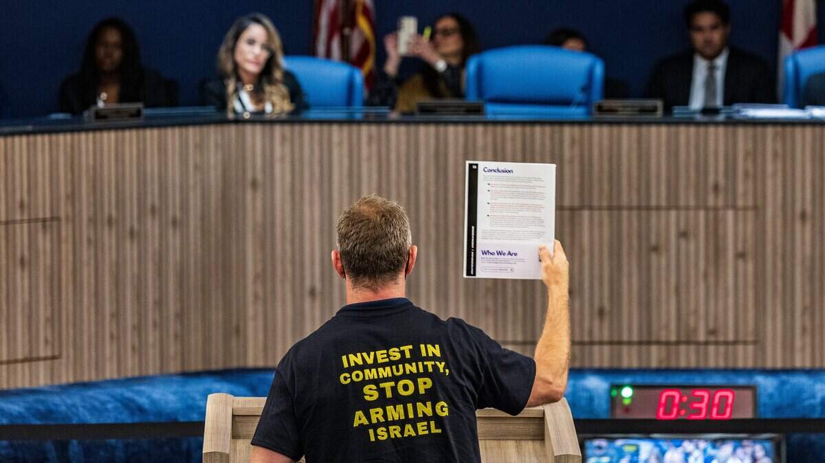 During a budget hearing on Sept. 18, 2025, an unidentified man asked Miami-Dade County commissioners to divest of Israeli investments. On Sept. 1, 2026, commissioners will vote to rewrite the county’s investment policy to allow for more investment in Israel.