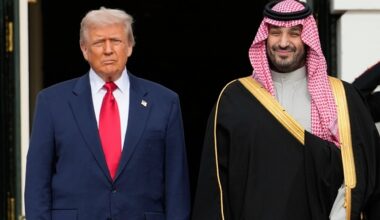 President Trump stands with Saudi Arabia's Crown Prince Mohammed bin Salman on his visit to the White House.