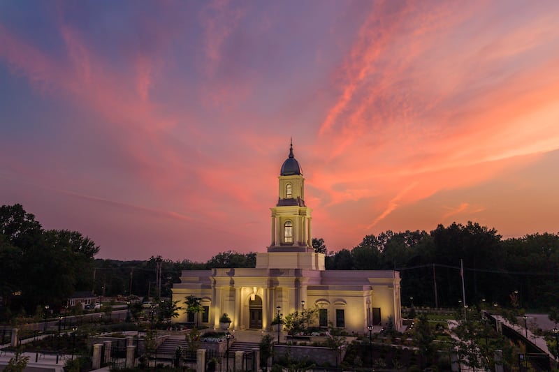 The Cleveland Ohio Temple appears beneath a colorful sunset Friday, Aug. 14, 2026, in Independence, Ohio.