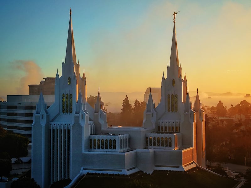 The San Diego California Temple at sunrise on the morning of its rededication on Sunday, Aug. 23, 2026.
