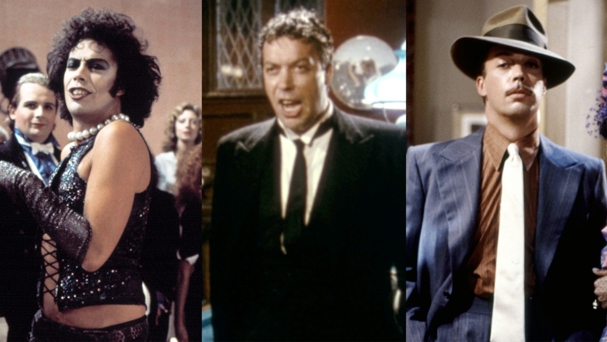 Tim Curry in (from left) 'The Rocky Horror Picture Show,' 'Clue' and 'Annie.'