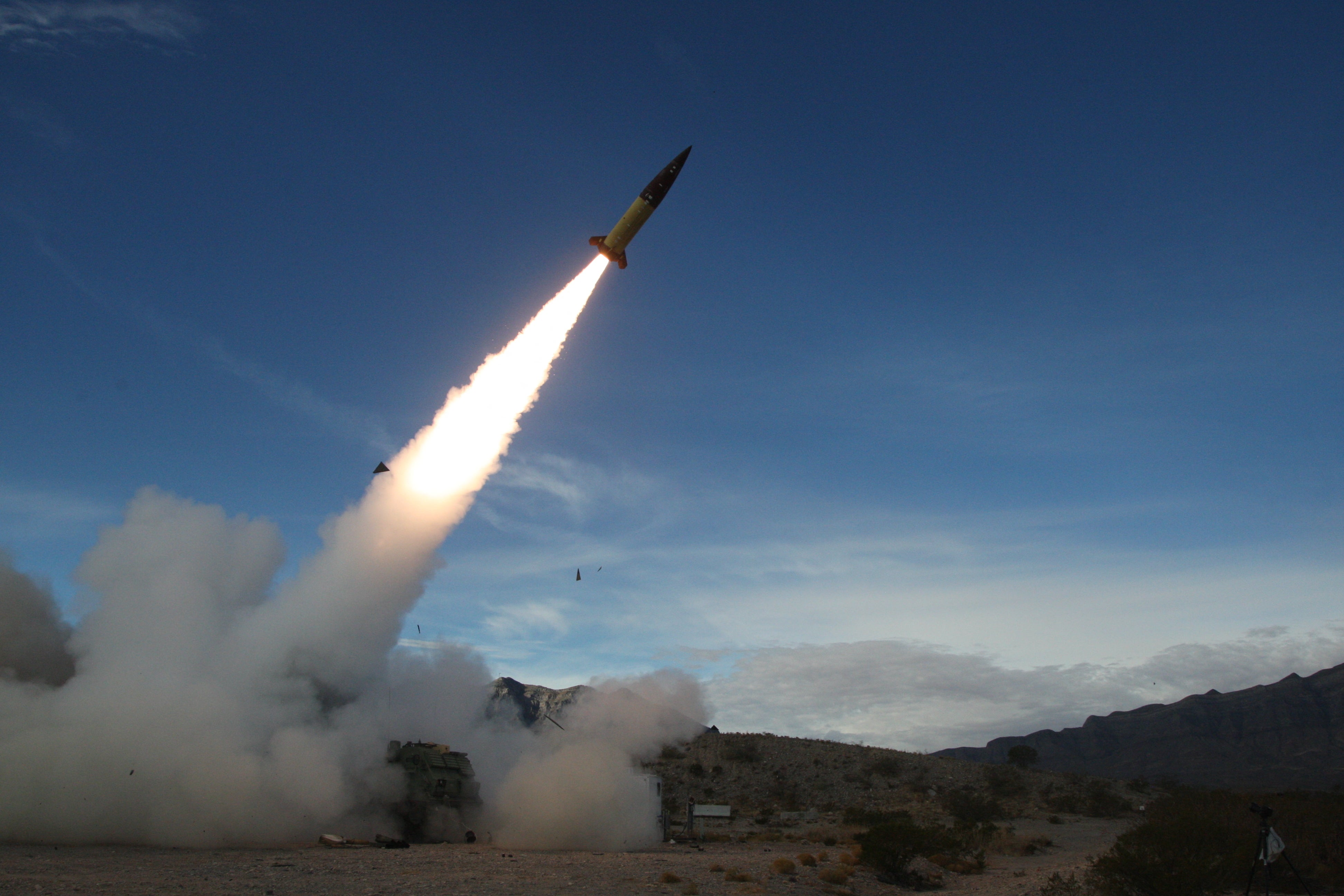 The US Army conducting live fire tests of the Army Tactical Missile System (ATACMS) at the White Sands Missile Range in New Mexico.