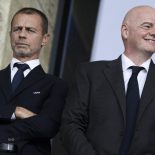 OLYMPIASTADION, BERLIN, GERMANY - 2024/06/29: Aleksander Ceferin (L), president of UEFA, and Gianni Infantino, president of FIFA, look on prior to the UEFA EURO 2024 round of 16 football match between Switzerland and Italy. Switzerland won 2-0 over Italy. (Photo by Nicol?? Campo/LightRocket via Getty Images)