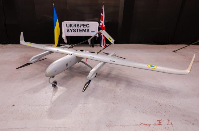 A Ukrspecsystems PD-2 UAS drone is pictured at the company's UK factory near Cambridge, eastern England on March 5, 2026. In an inconspicuous building near the UK's Mildenhall air base, drone manufacturer Ukrspecsystems is opening its new production line, like other Ukrainian arms companies looking to secure their supply chain and boost capacity. Ukrainian drone manufacturers have in recent months announced a slew of plans to open sites in Europe, including in Germany, Denmark and now the UK. (Photo by Chris Radburn / AFP via Getty Images)