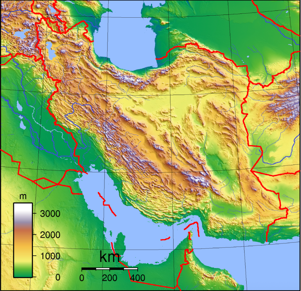 Topographical map of Iran showing a mountainous country