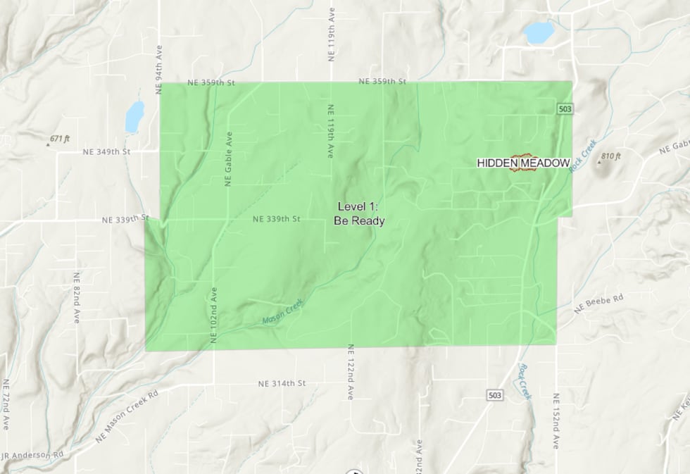 Evacuation levels for the Hidden Meadow Fire in Clark County as of 6 p.m. on August 24.