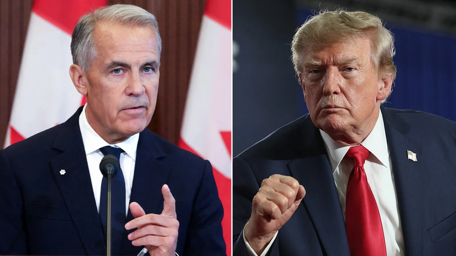 Left: Canadian Prime Minister Mark Carney speaks at a press conference in Ottawa, Ontario, on August 22, 2026 after trade talks with the US collapsed. Right: President Donald Trump leaves the stage after speaking at a campaign rally with U.S. Sen. Darline Graham (R-SC) on August 21, 2026 in Myrtle Beach, South Carolina.
