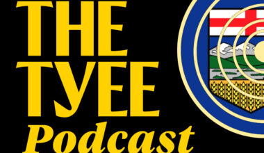 &lsquo;The Tyee Podcast&rsquo; in yellow script with a circular white graphic to its right. Contained within the circles is the Alberta provincial flag.