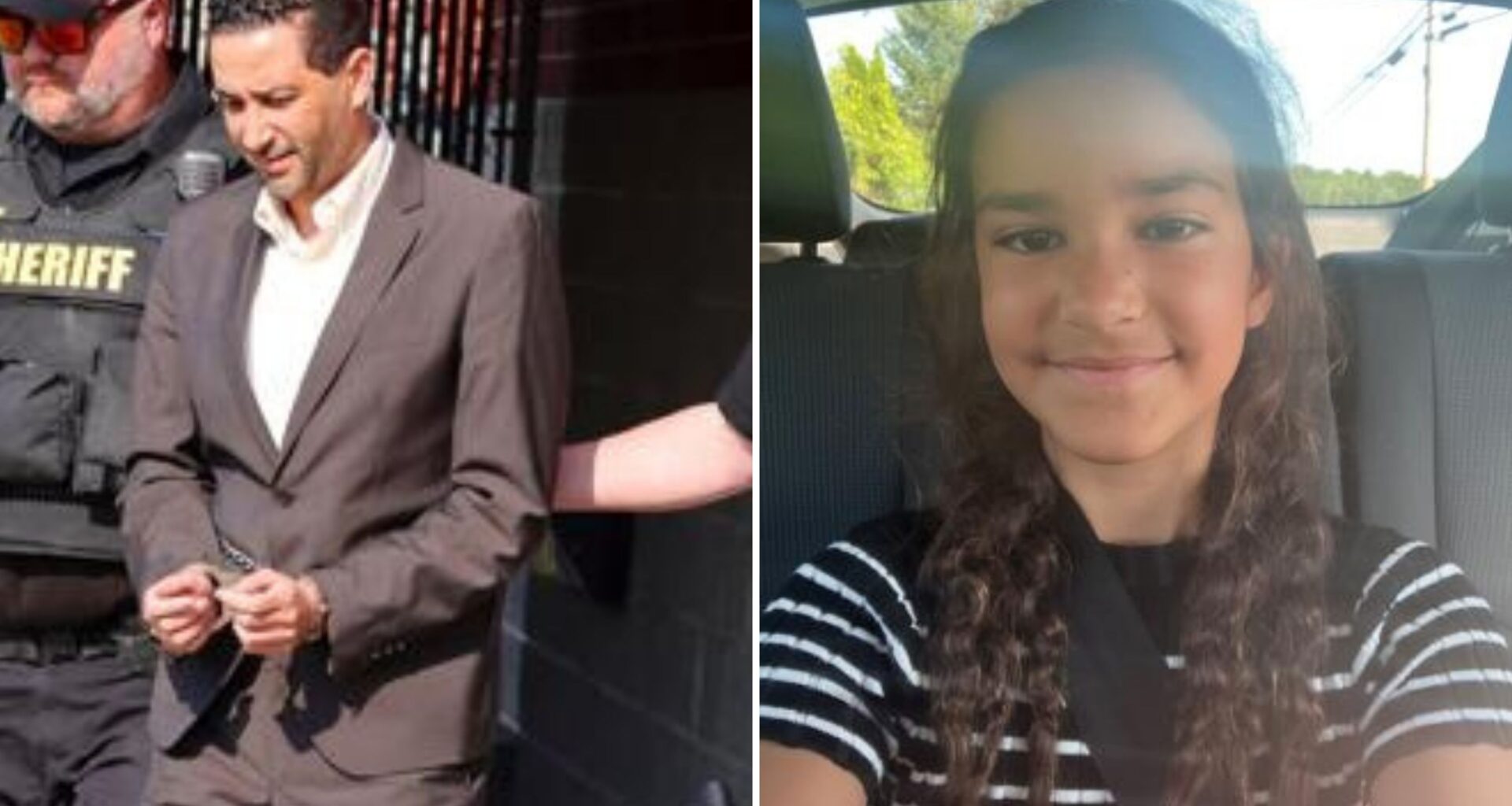 Two panel image. On the left, a handcuffed man being escorted by 2 officers on either side of him. On the right, a selfie of a young girl