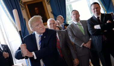 President Trump swinging a Marucci baseball bat in the Blue Room during a "Made in America" product showcase event at the White House in Washington, D.C.