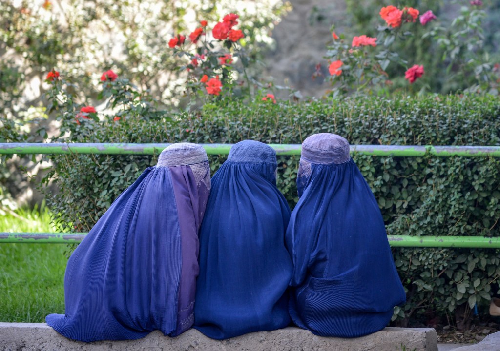Three women in blue burqas sit with their backs to the viewer.