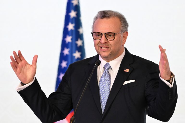 US Department of State's senior advisor to the president for Arab and African Affairs, Massad Fares Boulos, speaks during the signing ceremony of the Doha Framework for a Comprehensive Peace Agreement between the DRC Government and the Congo River Alliance/March 23 Movement (AFC/M23) in Doha on November 15, 2025.