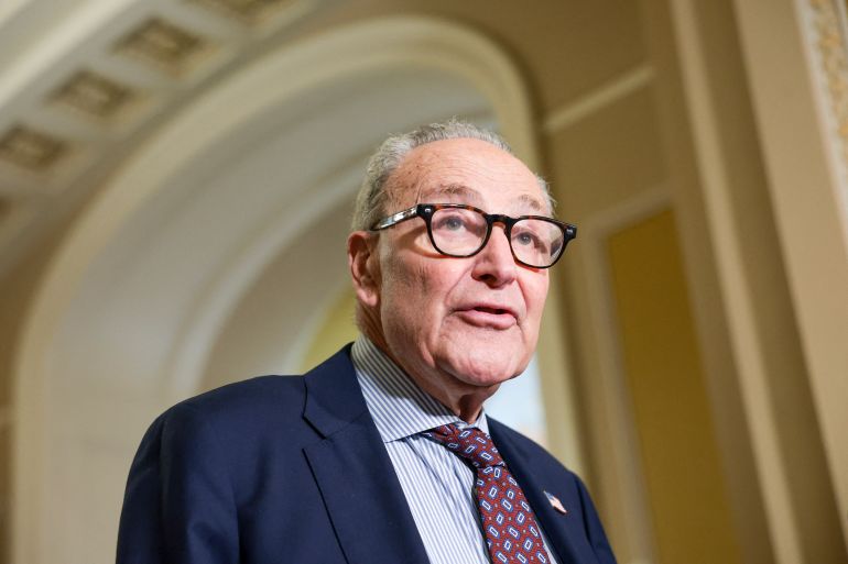WASHINGTON, DC - AUGUST 04: U.S. Senate Minority Leader Chuck Caption (D-NY) speaks to reporters after a weekly policy luncheon with Senate Democrats at the U.S. Capitol Building on August 04, 2026 in Washington, DC. Schumer spoke about a range of topics including the primaries in the state of Michigan. Anna Moneymaker/Getty Images/AFP (Photo by Anna Moneymaker / GETTY IMAGES NORTH AMERICA / Getty Images via AFP)