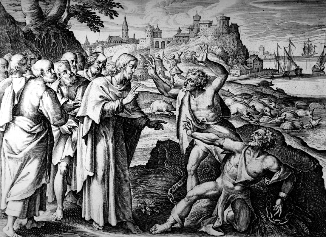 This illustration depicts a New Testament story in which Jesus casts demons out of a possessed man and sends them into a herd of swine, which rush into the sea and are drowned.