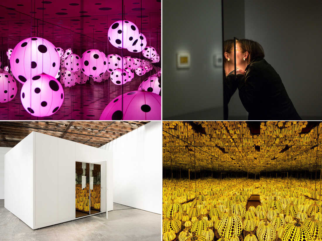 Top left: Dots Obsession — Love Transformed Into Dots, 2007. Top right: Sarah Stauderman looks through a peep hole to view Love Forever. Bottom left: They may look small, but once inside, the mirrored walls of Kusama's infinity rooms make the space feel endless. Bottom right: All the Eternal Love I Have for the Pumpkins, 20
