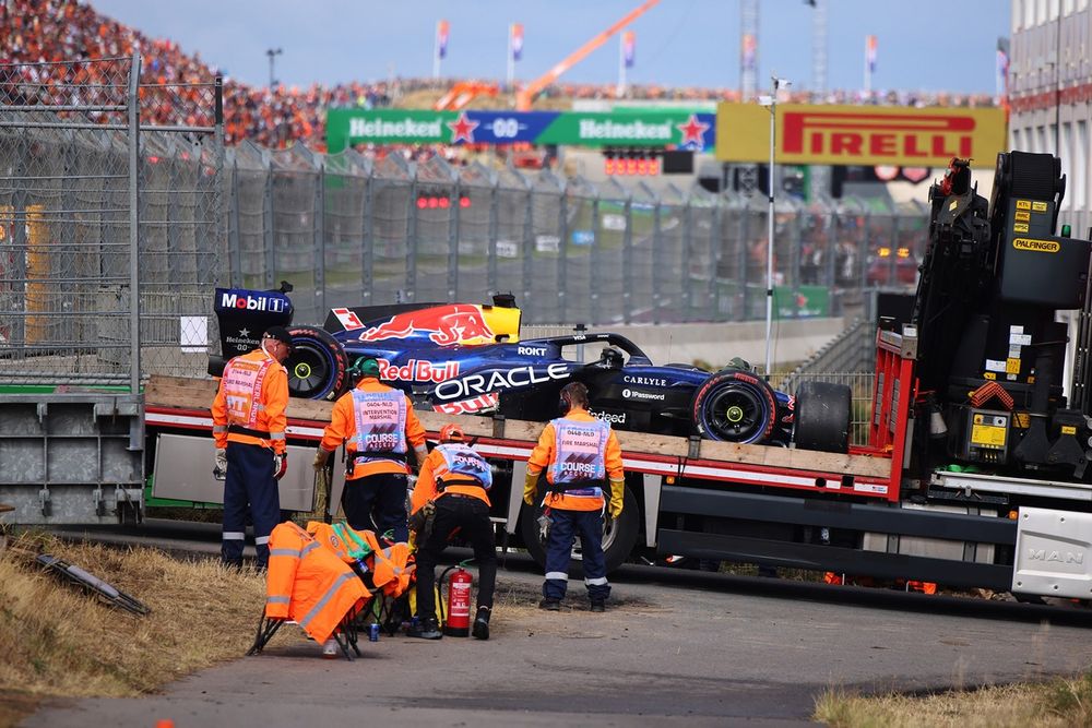 Crashed car of Red Bull Racing's Dutch driver Max Verstappen
