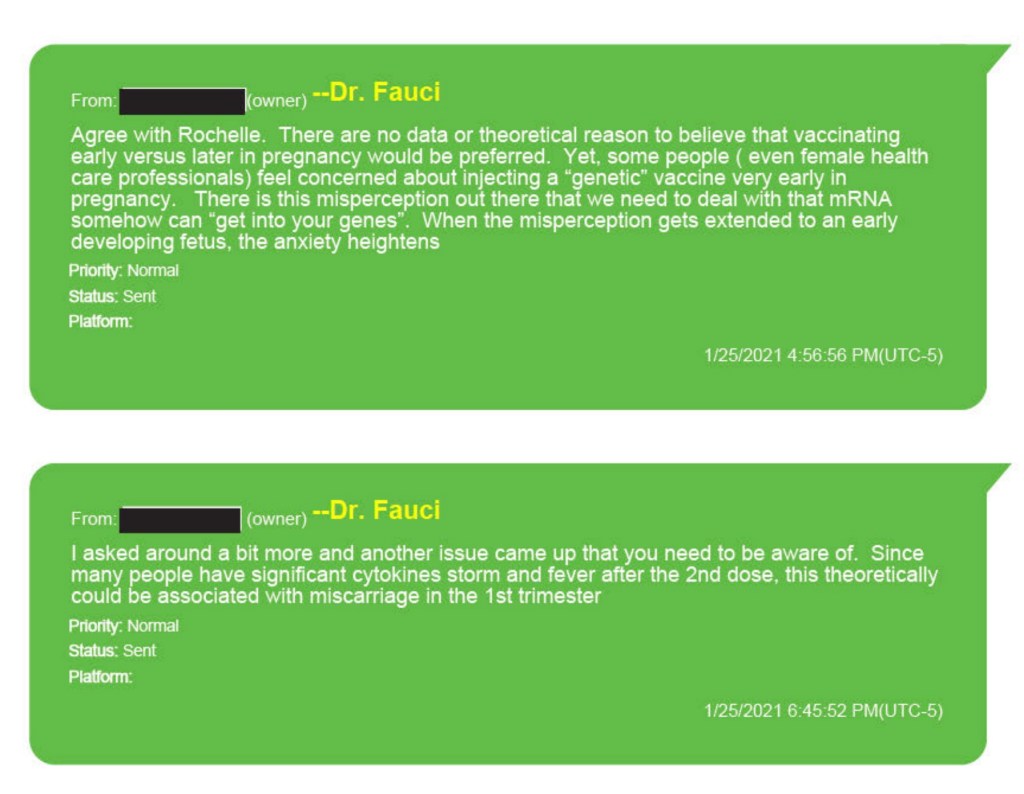 Text messages from Dr. Fauci discussing the COVID-19 vaccine and potential miscarriage risk.