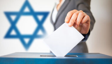 elections in Israel. Hand of a woman putting her vote in the ballot box. Waved Israel flag on background.