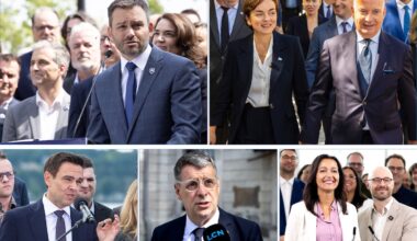 PQ Leader Paul St-Pierrre Plamondon, CAQ Leader Christine Fréchette, Liberal Leader Charles Milliard, Conservative Leader Éric Duhaime, QS co-spokespeople Ruba Ghazal and Sol Zanetti.