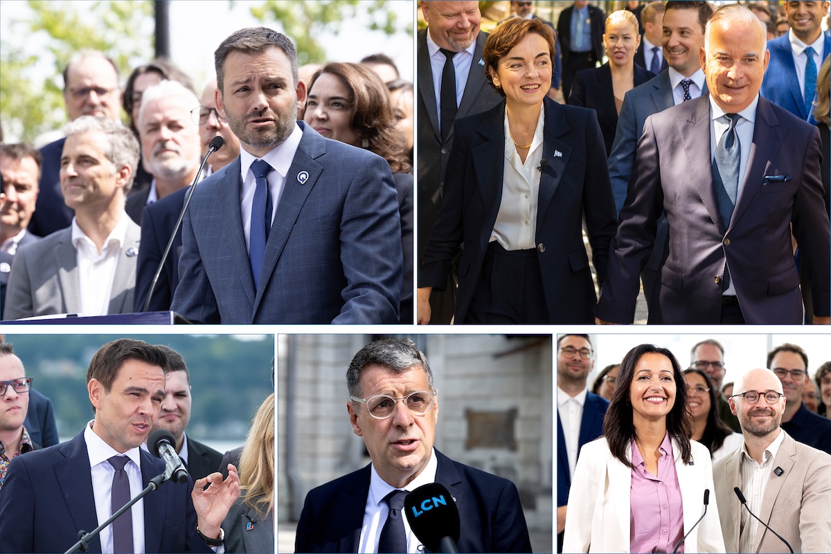 PQ Leader Paul St-Pierrre Plamondon, CAQ Leader Christine Fréchette, Liberal Leader Charles Milliard, Conservative Leader Éric Duhaime, QS co-spokespeople Ruba Ghazal and Sol Zanetti.