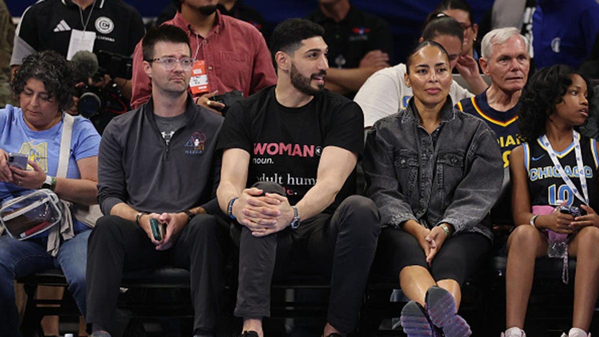 Enes Kanter Freedom looks on courtside during a Chicago Sky and Indiana Fever basketball game.