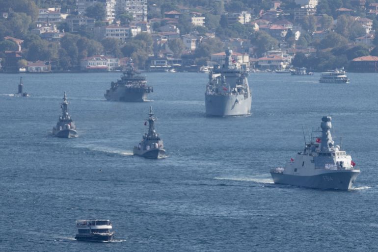 ISTANBUL, TURKEY - SEPTEMBER 27: Turkish Navy vessels navigate the Bosphorus in a parade to mark the 486th anniversary of the Naval victory of Preveza and naval forces day on September 27, 2024 in Istanbul, Turkey. 16 vessels from the Turkish Naval Forces Command took part in the parade. (Photo by Chris McGrath/Getty Images)