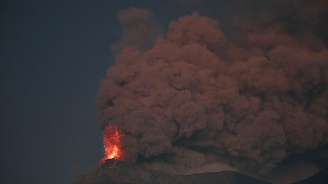 Fuego volcano erupts as seen from Alotenango, Sacatepequez department, some 65 kilometres southwest Guatemala City on March 10, 2025.